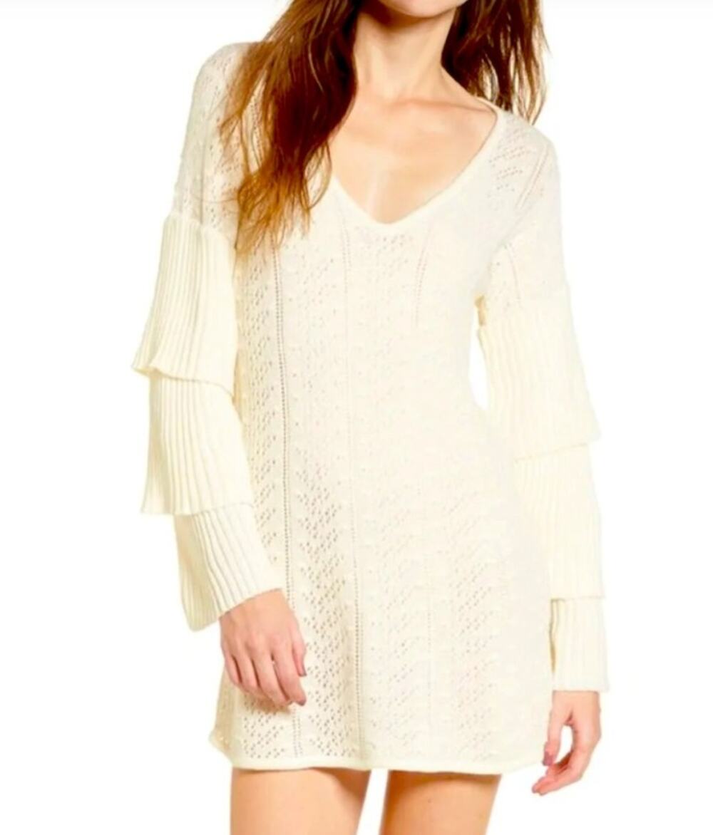 Tularosa Women's Scout Knit Ruffle Long Sleeve Wool Blend Mini Dress Cream SZ S